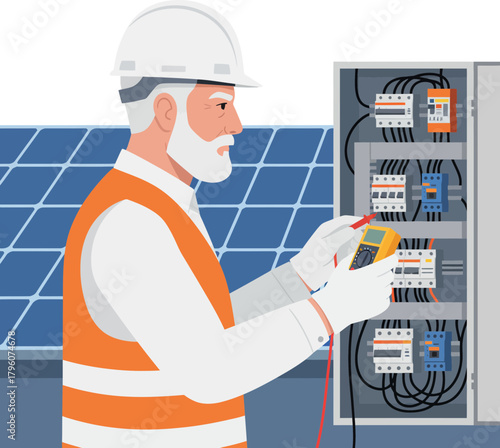 Engineer Conducting Electrical Inspection with Multimeter in Solar Power Plant Setting on Transparent Background