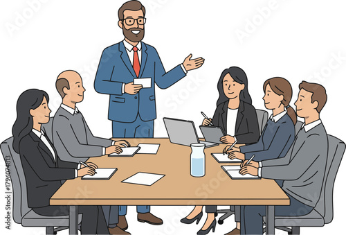 Professional Business Meeting with Presenting Speaker and Attentive Team in Formal Conference Room with Minimal Background Visuals