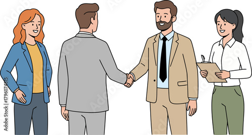 Professional Business Meeting with handshake between colleagues for networking and collaboration with female observer taking notes on a clipboard on