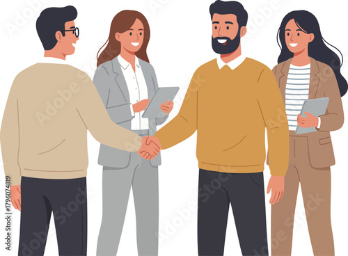 Professional Handshake Between Business Colleagues During Meeting with Digital Devices in a Modern Office Environment including Diverse Business