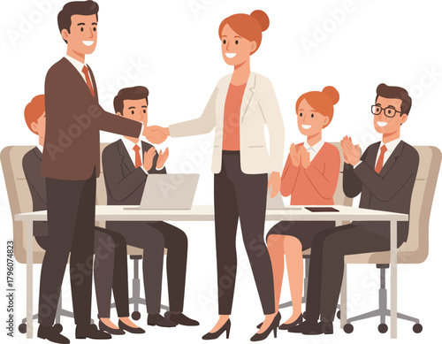 Professional business handshake between a confident man and a smiling woman during a corporate meeting in a modern conference room with colleagues