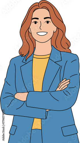 Professional confident woman with arms crossed smiling in casual blue blazer on white background suitable for corporate or business themes with