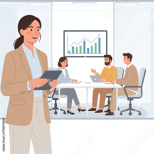 professional woman presenting business data analysis during corporate boardroom meeting with colleagues behind her in modern office setting minimal