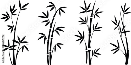 Bamboo plant silhouettes, black bamboo illustration, tropical plant design, Asian nature symbol, vector bamboo stems and leaves, Zen art, decorative elements