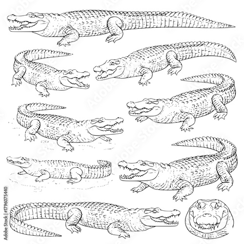 A vector set of eleven detailed black-and-white line art illustrations featuring alligators and crocodiles in various aggressive and resting poses, including a head-on view.