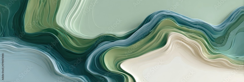 Fototapeta premium Abstract flowing layered shapes in shades of green, blue, and white. Fluid, modern design