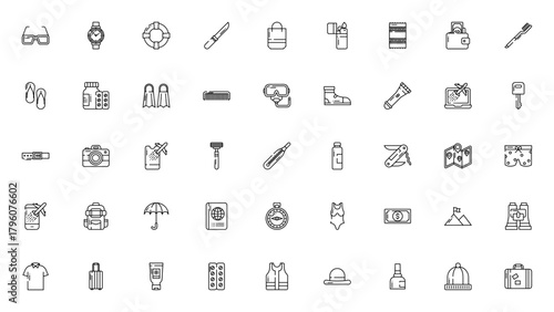 Travel accessories icon set. Essential vector travelicons. Minimal line style.Includes symbols for passprt, luggage, backpack, camra, map, compass, wallet, ottle and more. Editable sroke.