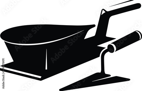 Construction tools silhouette, trowel and plastering hawk illustration, masonry equipment concept, building repair tools, black vector design isolated on white background