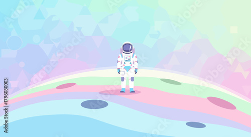 Astronaut standing on a pastel-colored planet in a surreal, dreamy, and colorful cosmic landscape, exploring the universe