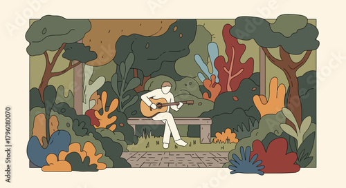 A person plays guitar on a park bench surrounded by lush greenery and colorful foliage in a serene outdoor setting