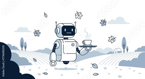 Robotic server offering a warm cup of coffee amidst a serene autumn landscape with falling leaves