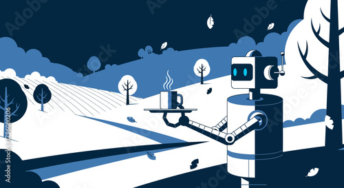 Robot Server Offering a Hot Drink in a Calm Rural Landscape on a Tray
