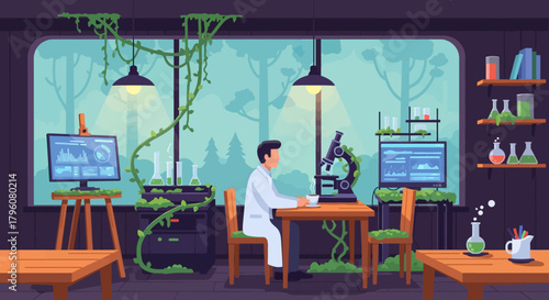 A scientist working in a modern laboratory surrounded by lush greenery and advanced technology