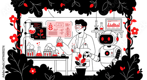 Scientist and Robot Conducting Plant Science Experiment in Laboratory