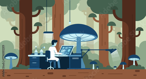 Surreal Forest Laboratory with Mushroom-Shaped Lamp and Scientist Conducting Research