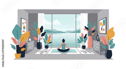 Embrace tranquility with a woman practicing yoga and meditation in a sunlit modern home, overlooking a peaceful lake and majestic mountains, promoting mindfulness and well-being