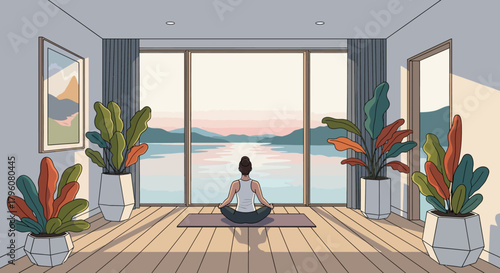 Tranquil Home Yoga Serene Interior with a View of the Lake at Sunrise, Exercise and Wellness