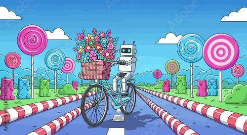 Robot Rides Bicycle with Flowers in a Whimsical Candy Landscape