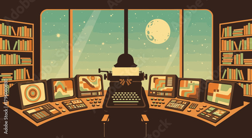 Retro Futuristic Office Scene with Typewriter and Multiple Computer Monitors Under a Starry Night Sky
