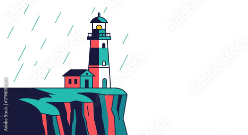 Lighthouse Illustration on Cliff Edge in Rainy Weather A Vector Graphic