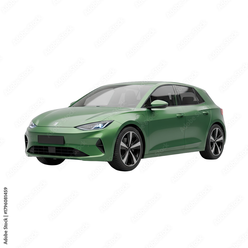 Fototapeta premium Green Electric Car Side View Isolated on Transparent Background Detailed Studio Lighting Professional Photography