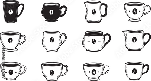 Set of coffee cups, tea mugs, and espresso saucers as a hot drink cafe icon vector illustration