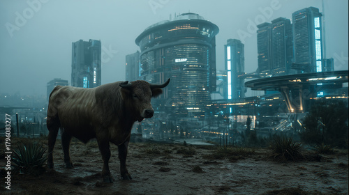 Majestic bull standing on muddy terrain with futuristic cyberpunk city skyline glowing in the foggy background.