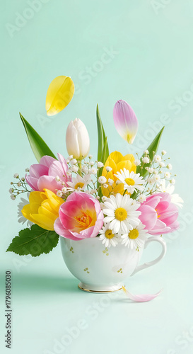 A beautiful bouquet of spring flowers in a teacup, with petals floating around