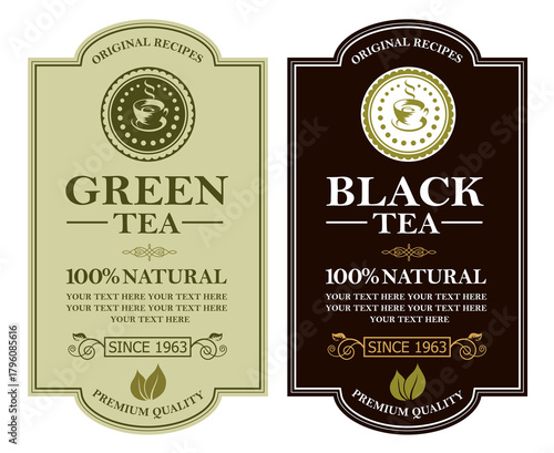 collection of green and black tea labels with leaves and cup
