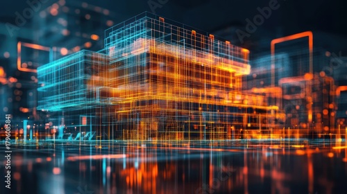 Futuristic Digital Cityscape with Neon Wireframe Buildings