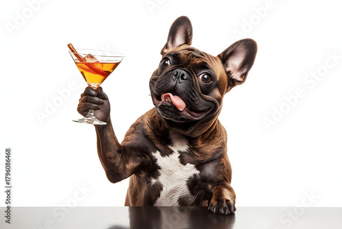 Drunk dog drinking a cocktail. Cool drunk french bulldog dog cheering a toast with martini cocktail drink .