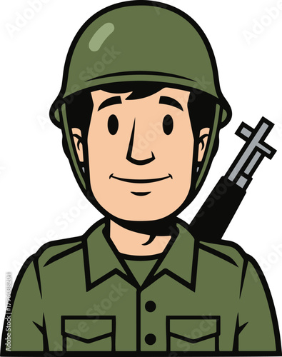 A smiling cartoon soldier bust wearing a green helmet and uniform, with a rifle slung over his shoulder visible from behind.