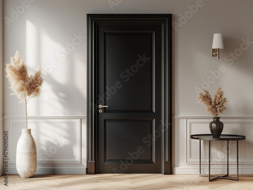 Eleganckie czarne drzwi panelowe z trawami pampasowymi i stolikiem w szarym wnętrzu do aranżacji domów na strony www i social media