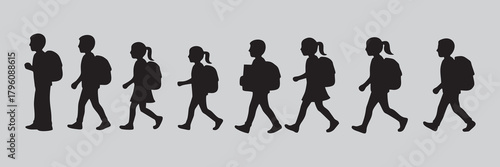 Silhouettes of children going to school with a white background 