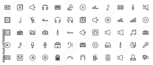 Music & Audio icon set. Vector illustration pack. Inludes symbols for record payer, album, headphone, mirophone, speaker, volume, assette, radio, vinyl, equlizer and more.