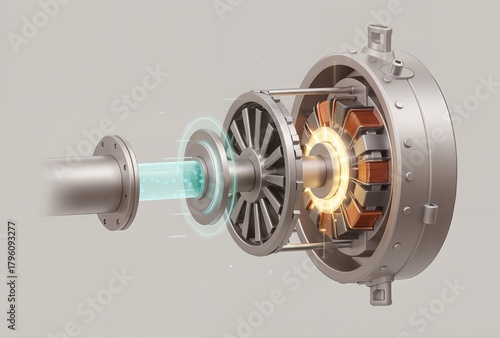 3D illustration of an exploded view of an electric motor or generator combined with a fluid turbine/compressor. Highlights electromagnetic components and energy conversion processes.
