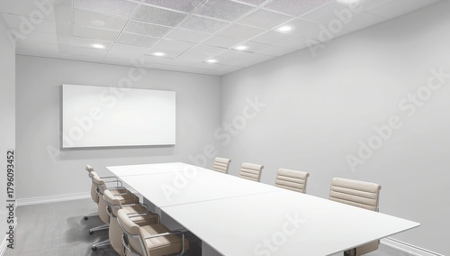 A small meeting room for 8 seats in an office building., 3d rendering 