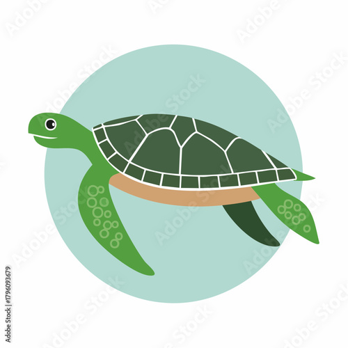 Cartoon Sea Turtle Swimming in a Blue Circle.