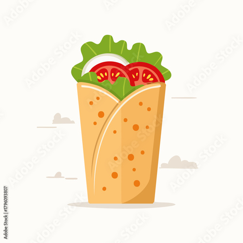 Cartoon Shawarma Wrap with Lettuce Tomato and Onion Filling Illustration.