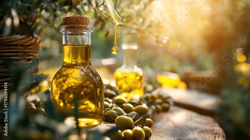 Fresh Olive Oil Dripping into Bottle with Olives