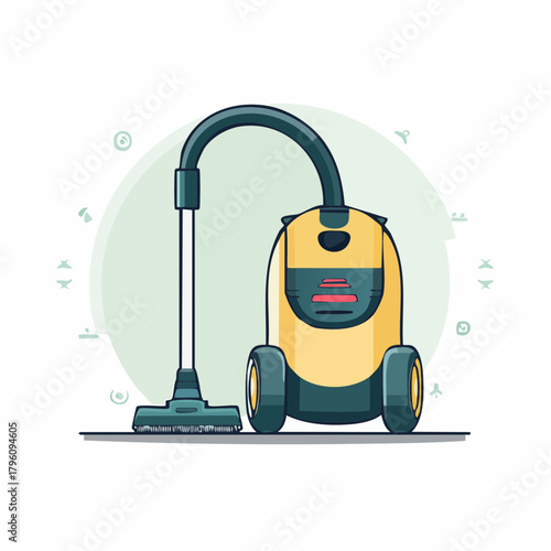 Cartoon Style Yellow Canister Vacuum Cleaner with Hose and Brush Head.