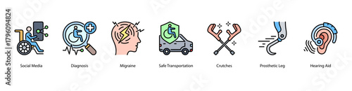 Health Accessibility web banner illustration featuring Social Media, Diagnosis, Migraine, Safe Transportation, Crutches, Prosthetic Leg, and Hearing Aid. Promotes mobility and medical innovation.