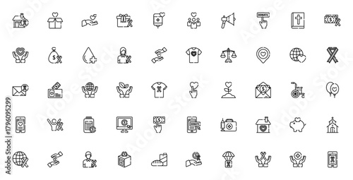 Charity icon set. Vector illustration. Includes symbls for donation, heart, soidarity, money, gift, aid,church, people and more. Eitable stroke.