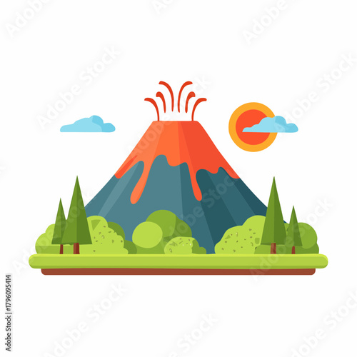 Cartoon Volcano Eruption with Lava Flow and Surrounding Landscape.