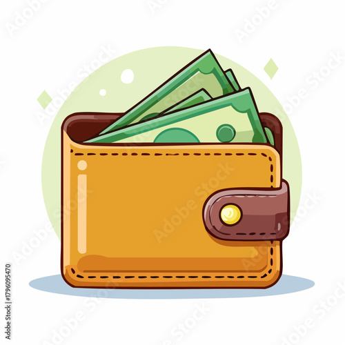 Cartoon Wallet Filled with Green Paper Currency Money.