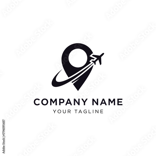 Travel Agency Logo Featuring a Location Pin and Airplane.