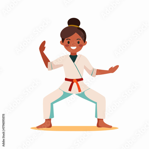 Cartoon Woman in Karate Stance with Red Belt and White Gi.