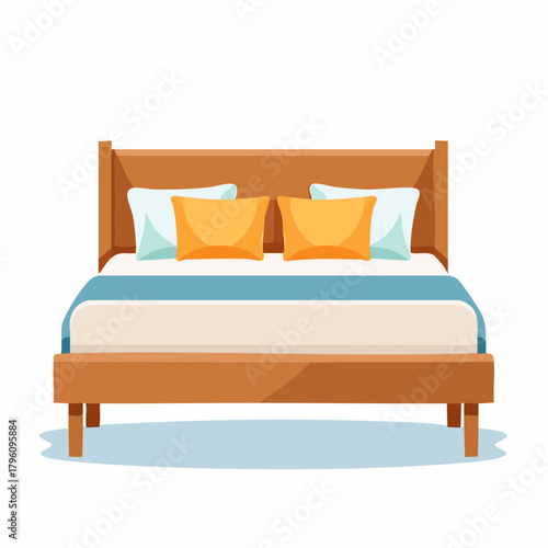 Cartoon Wooden Bed with Pillows and Blue Blanket Illustration.