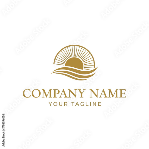 Elegant gold sun and waves logo design template for company branding.