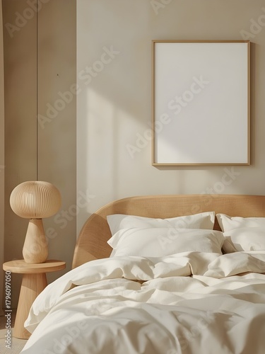 Inviting bedroom interior with a blank frame mockup above the bed, a unique bedside lamp, and soft bedding, bathed in warm sunlight, creating a peaceful ambiance